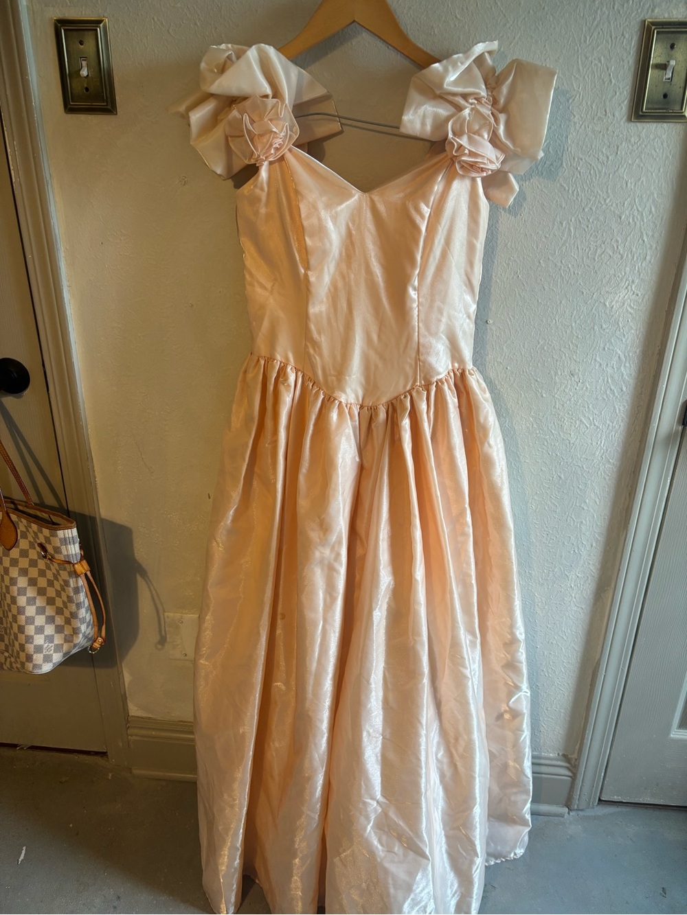 Vintage Peach Satin Prom Dress with‎ Rosette Shoulder Details